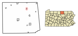 Location of Tioga in Tioga County, Pennsylvania.