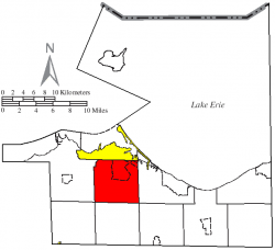 Location of Perkins Township (red) in Erie County, adjacent to the city of Sandusky (yellow)