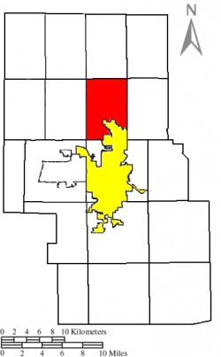 Location of Franklin Township (red) in Richland County, next to the city of Mansfield (yellow).