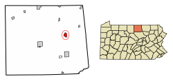 Location of Mansfield in Tioga County, Pennsylvania.