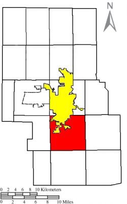 Location of Washington Township (red) in Richland County, next to the city of Mansfield (yellow).