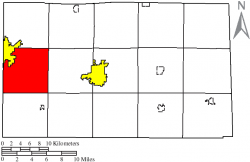 Location of Loudon Township (red) in Seneca County, adjacent to the city of Fostoria (yellow).