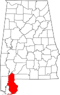 Map of Alabama highlighting Baldwin County