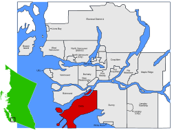 Location of Delta within the Greater Vancouver Area in British Columbia, Canada